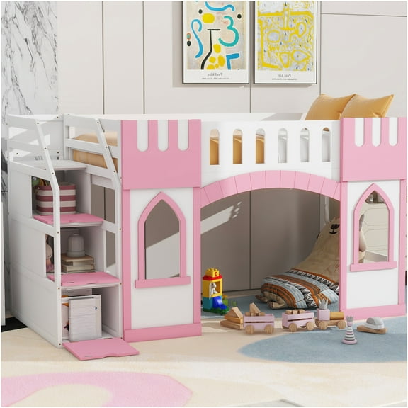 JERFIT Twin Loft Bed with Storage Staircase and Window, Pink