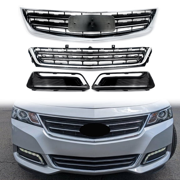 4Pcs Front Bumper Grille & Fog Light Cover Bezel Replacement For Chevrolet Impala LS LT LTZ Premier Sedan 4-Door 2014-2020, Black Chrome