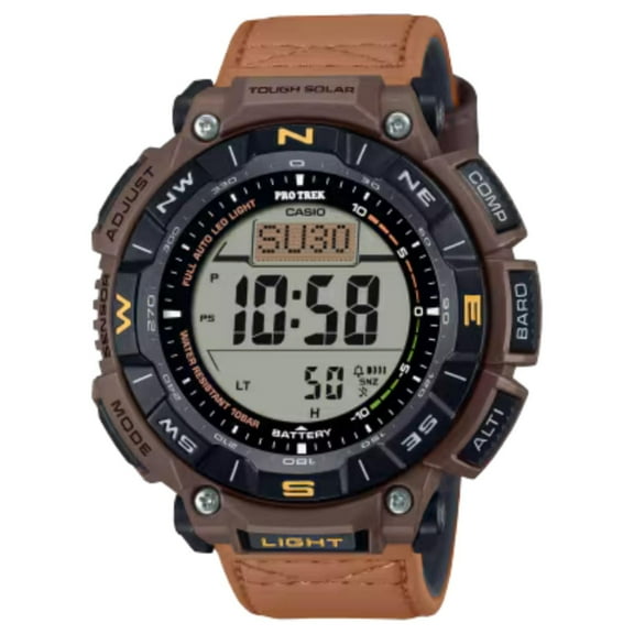 Casio Men's Pro Trek Solar Powered Triple Sensor Brown Leather Strap Watch PRG-340L-5CR