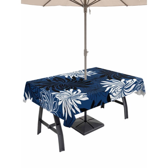 Outdoor Tablecloth with Umbrella Hole for Patio/Picnic/Party/Camping, Blue Black Flowers Waterproof Table Cloth Rectangle Table Cover Washable, Modern Abstract Blooms Floral (52"x 70")
