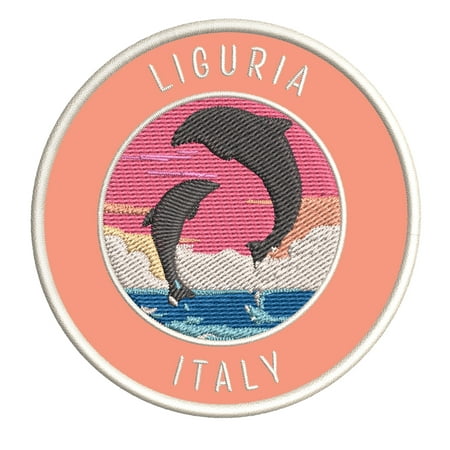 Liguria, Italy Dolphin Sunset 3.5 Inch Iron Or Sew On Embroidered Fabric Badge Patch Ocean Beach, Salt Life Iconic Series