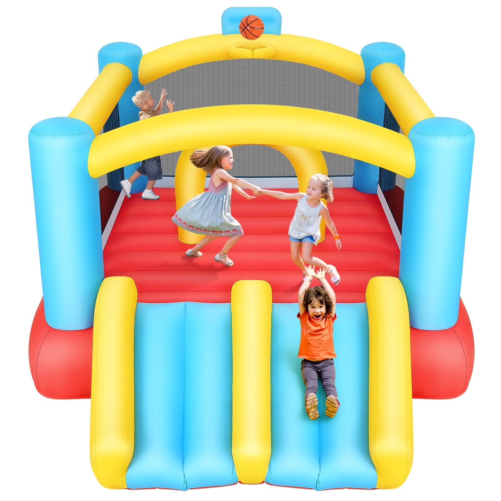 Adnoom Inflatable Bounce House, Children's Indoor/Outdoor Jumping Castle with 470W Blower, Compact Inflatable Bounce Castle with Double Slide, Basketball Hoop for Kids 3-10 Years