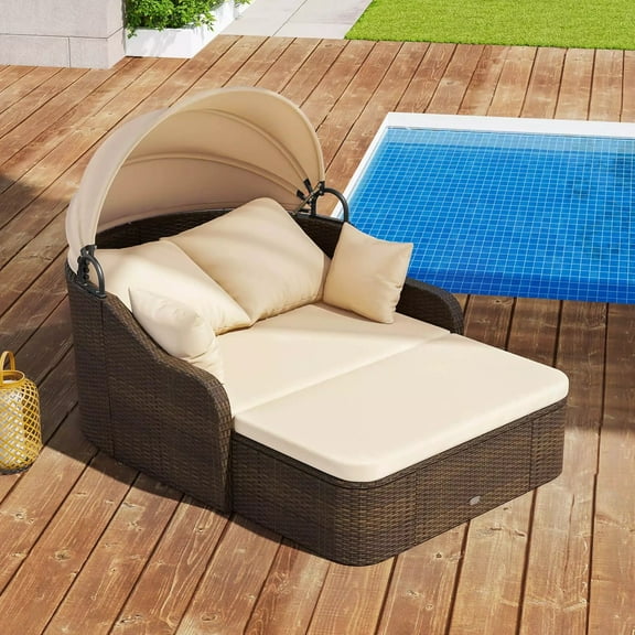 Auranook Patio PE Rattan Daybed with Retractable Canopy Soft Cushions and Extra Pillows