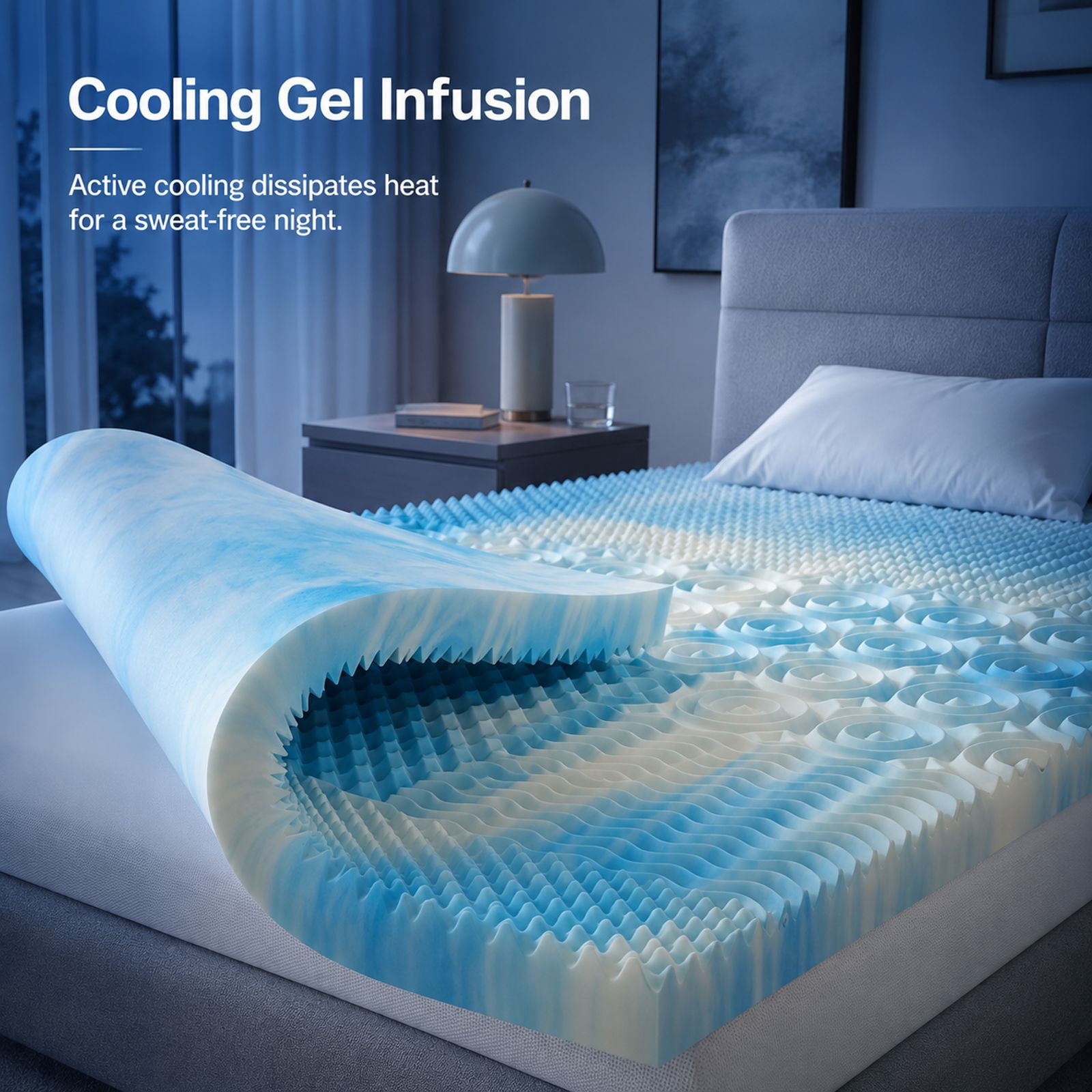Alvantor 2/3/4 Inch 5-Zone Cooling Gel Memory Foam Mattress Topper, Pressure Relief for Back & Hip Pain, Soft Reversible Pad for Dorm RV Camping