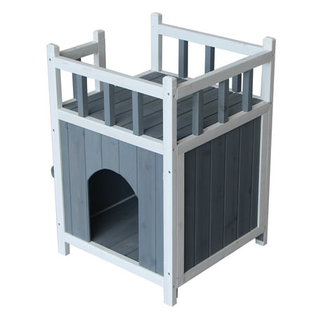 Wooden Cat Pet Home with Balcony Pet House Small Dog Indoor Outdoor Shelter Gray &