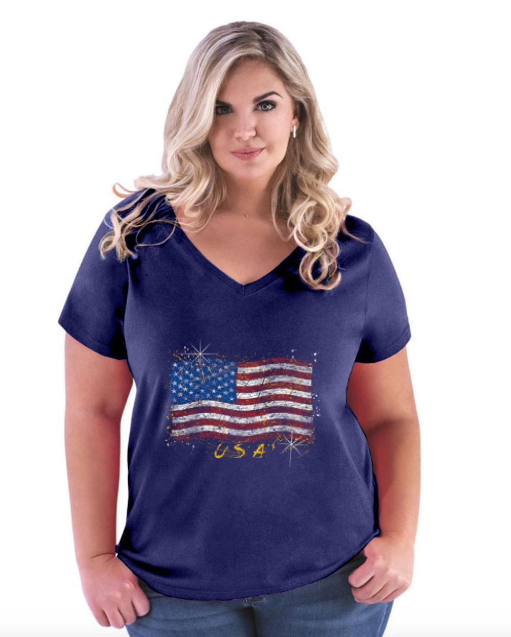 Artix - Womens and Womens Plus Size American Flag USA in Gold Curvy V 
