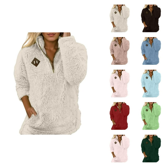 Fuzzy Sweatshirts for Women 2025 Long Sleeve Half Zip Stand Collared Sweatshirt with Pockets Pullover Tops