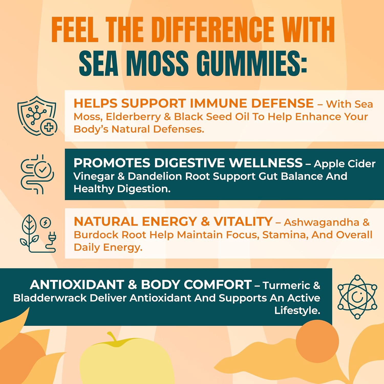 Sea Moss & Apple Cider Vinegar Gummies – 10-In-1 Herbal Formula with Black Seed Oil, Ashwagandha, Turmeric, Bladderwrack, Burdock Root, Dandelion – Natural Apple Flavor – 60 ct – Made in the USA