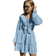 thumbnail image 2 of Womens V Neck Casual Long Sleeve Dresses Summer Loose High Waist Ruffle Pleated Cute Mini Short Dress Blue S, 2 of 8