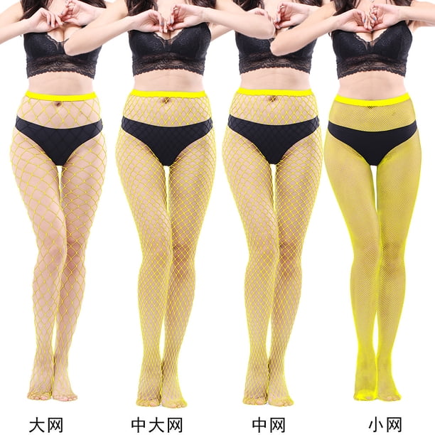 Xiao Hua Medias ajustadas de red de pesca de cintura alta para mujer, color amarillo, transparentes, conjunto de 4 piezas