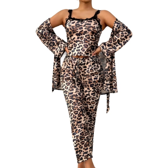 Aellinatey Ladies Homewear Pajamas Leopard Print Kimono Robe Matching Pant And Cami Top