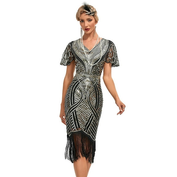 IDOPIP 1920s Flapper Dresses for Women Great Gatsby Dresses Sequin Fringed Roaring 20s Cocktail Dress
