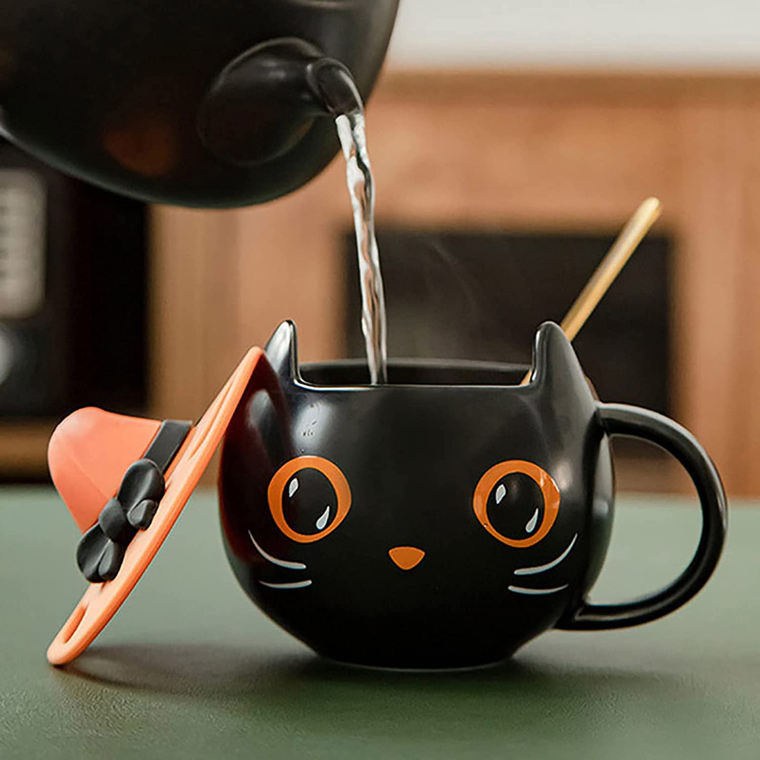 Halloween Gifts 2021 Starbucks Black Cat W/witch Cap Lid Coffee Mug Cup &Spoon