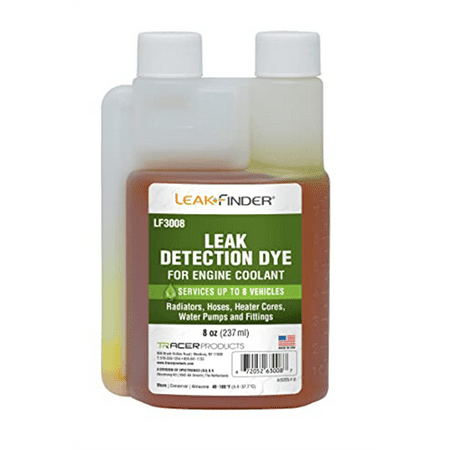 LEAKFINDER LF3008 Automotive Engine Coolant Leak Detection Dye, Services Radiators, Hoses, Heater Cores, Water Pumps, 8 oz Ultraviolet Fluorescent Dye Twin-neck Bottle, A