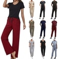 thumbnail image 3 of Xuanfei Women V Neck Short Sleeve Top Plaid Drawstring Waist Pocket Pants Loungewear, 3 of 7