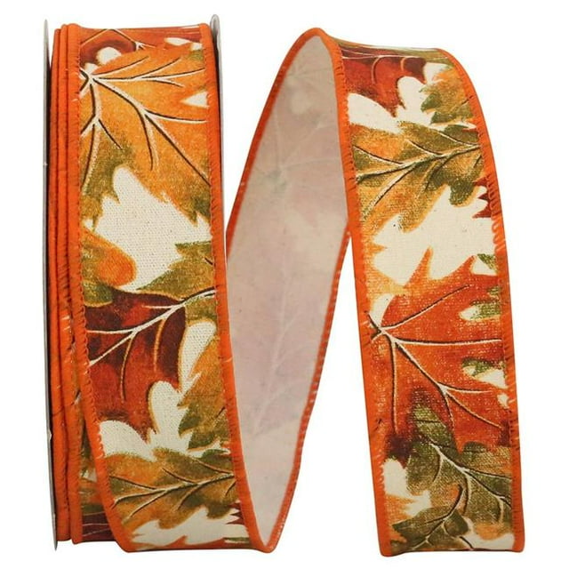 Reliant Ribbon 93578W-058-09H Leaf Foliage Canvas Wired Edge Ribbon - Orange - 1.5 in. x 20 yards