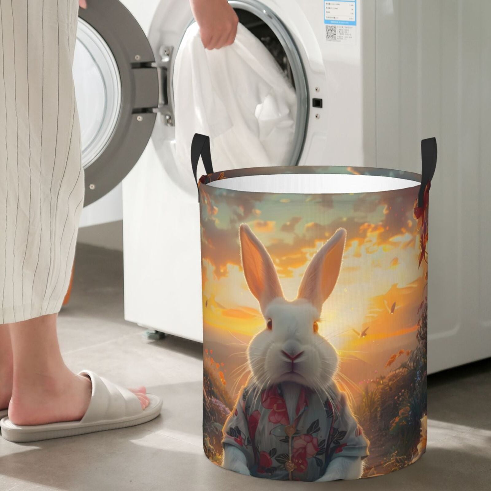 Large Laundry Basket with Handles - Flower Meditating Rabbit Kids Baby Dirty Clothes Laundry Hamper for Bedroom Aesthetic