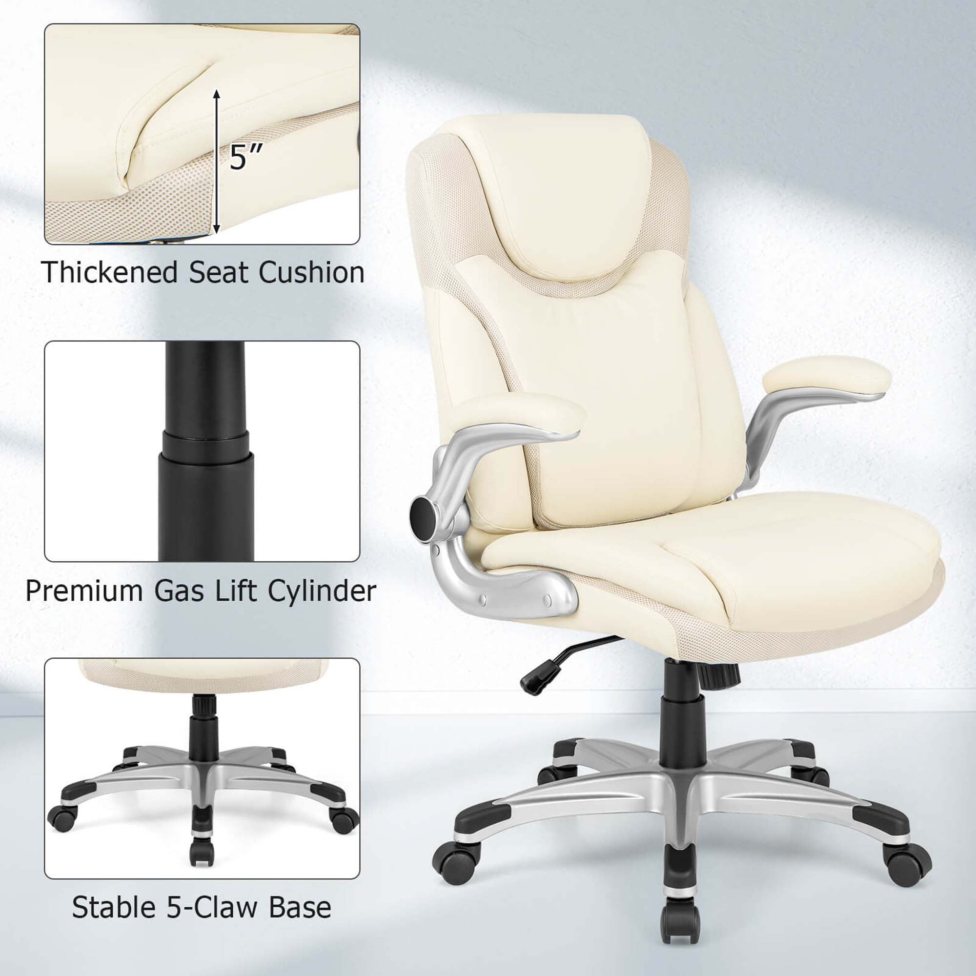 Costway PU Leather Swivel Office Desk Chair with Flip Up Armrest, Beige