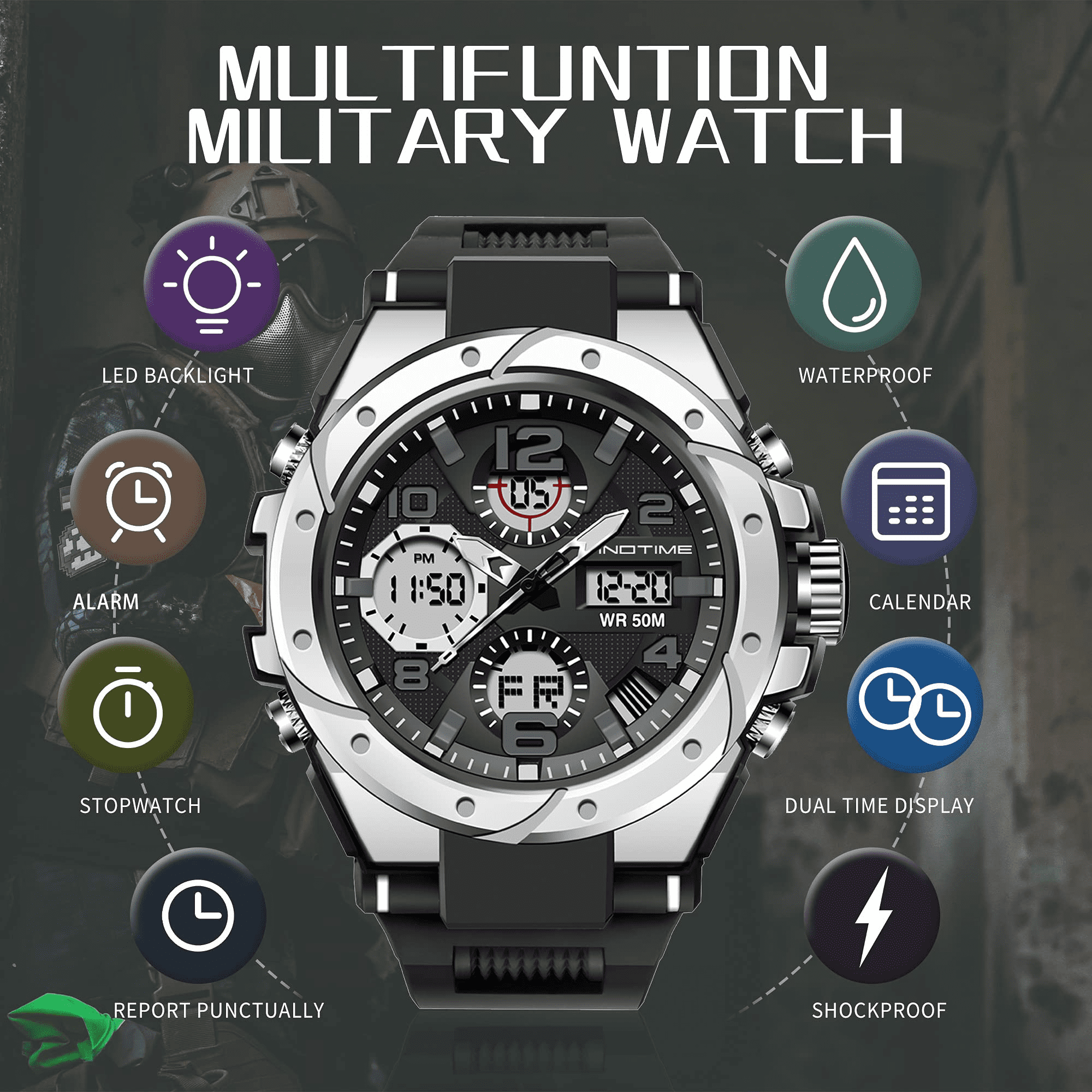 Findtime Digital Watches for Men│Skull Dial Waterproof Military Watch