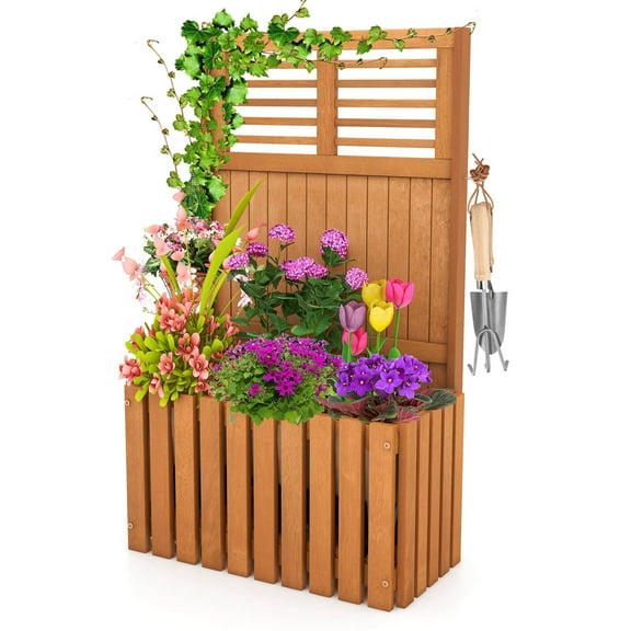 Costway 1 PCS Wooden Plant Stand Raised Garden Bed with Trellis & Planter Box Privacy Screen