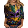 thumbnail image 2 of Cavosen Mardi Gras Womens 3/4 Length Sleeve Tops Crew Neck Festival Carnival Blouse Mask Graphic Print Tops Holiday Novelty Shirts Loose Athletic T-Shirts Party Shrove Tuesday 2XL, 2 of 5