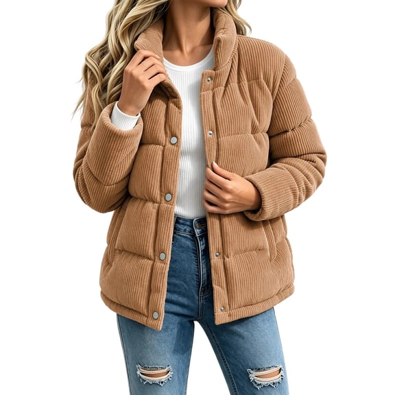 Lmueinov Womens Corduroy Puffer Jacket Outdoor Stand Collar Button Down Quilted Coats Fall Winter Casual Warm Outerwear Coat with Pockets