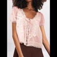 thumbnail image 4 of Blusa de Encaje con Lazo Frontal para Mujer, Transparente, de Corta, Cuello Redondo, Botones, Estilo Bohemio, con Volantes, Estilo Y2K Rosa S, 4 of 7