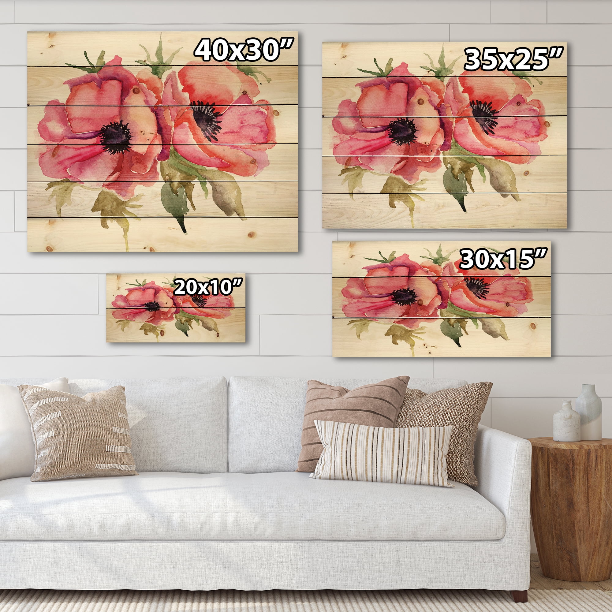 Designart 'Stylized Pink Poppy Flowers' Traditional Print on Natural Pine Wood
