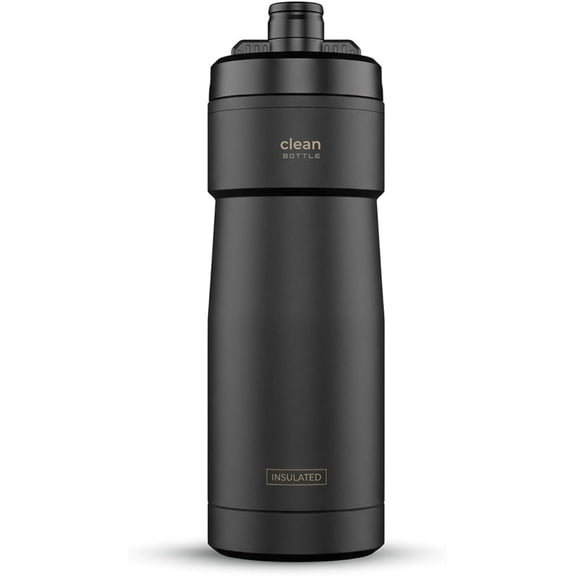 Clean Bottle 20 oz Sport Insulated Bike Water Bottle Matte Black with Easy-Clean Cap and Squeeze Design