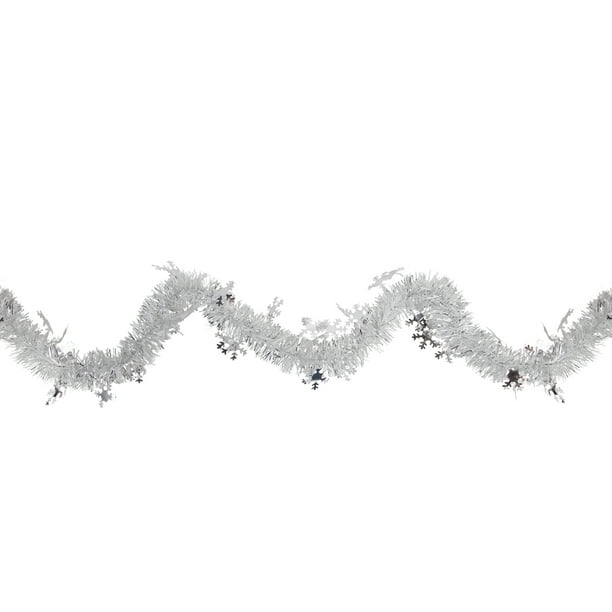 12' x 3 Silver and White Iridescent Tinsel Garland with Silver Snowflakes  - Unlit 