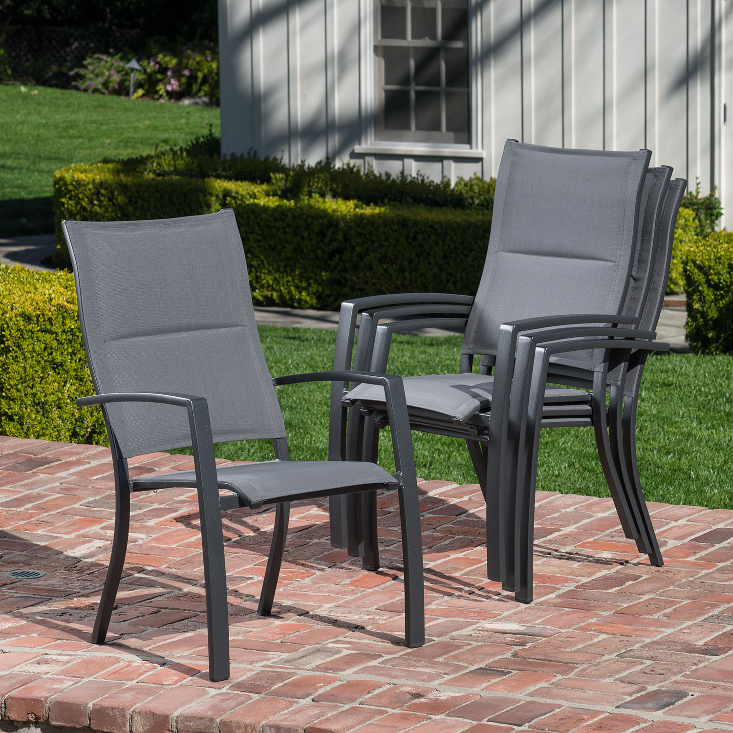 Hanover Fresno 7-Piece Outdoor Dining Set with 6 Padded Sling Chairs and a 42" x 83" Glass-Top Table - image 5 of 12