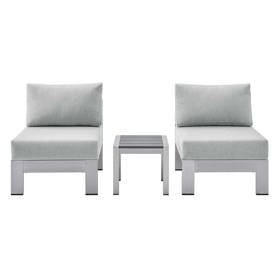 Lounge Chair Table Set, Sunbrella, Fabric, Aluminum, Metal, Steel, Silver Grey Gray, Modern Contemporary Urban Design, Outdoor Patio Balcony Cafe Bistro Garden Furniture Hotel Hospitality