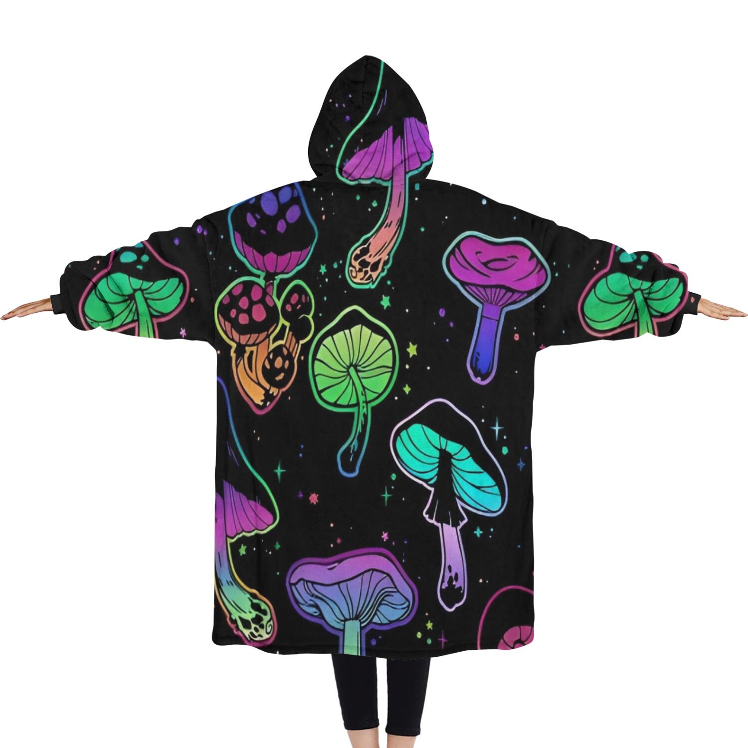 Oversized Wearable Blanket Hoodie,Purple Mushroom Star Black Pattern Sherpa Blanket Hoodie with Super Pockets,Super Warm Fuzzy Pullover for Women & Men