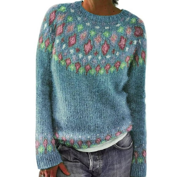 Baqcunre Womens Knitted Patchwork Print Retro Sweater Casual Loose Crewneck Long Sleeve Lightweight Cropped Pullover Tops for Women, 1PC Top Blue L