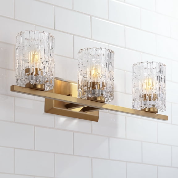 Possini Euro Design Icelight Modern Wall Light Warm Brass Hardwire 25" 3-Light Fixture Textured Ice Glass for Bedroom Bathroom Vanity Living Room