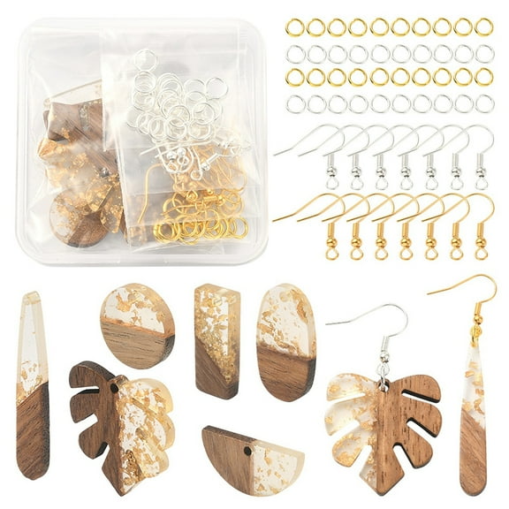 1box Earring Making Kit Including Leaf & Rectangle & Oval & Teardrop Resin & Walnut Wood Pendants Iron Earring Hooks Golden & Silver 72pcs/box