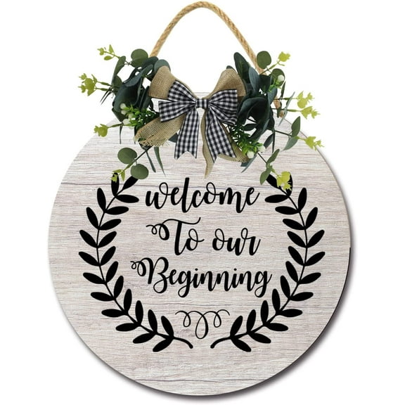 Eveokoki 12" Wood Plaque Welcome to Our Beginning Sign Rustic Welcome Wedding Sign Welcome to Our Wedding Sign Round Wooden Printable,Wedding Reception Poster