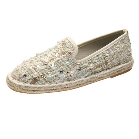 

Lyinloo Women s Round Toe Pearl Breathable Comfy Casual Shoes Flat Heeled Outdoor Cloth Shoes White 39