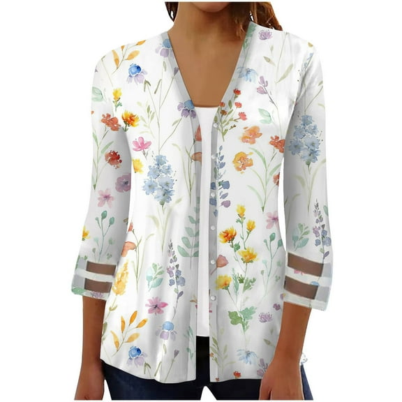 Herrnalise Women's Summer Sweater Cardigans For Women Cover Up Lightweight Casual Flower Three-quarter Sleeve Button Blouses Open Front Cardigan Coat Cardigan Sweaters for Women Lightweight S