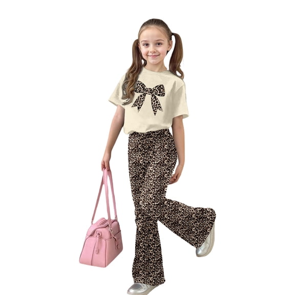 ZHOGXU Big Kids Girls Outfit Bow Leopard Printed Short Sleeve Round Neck Top And Flare Pants Two Piece Comfortable Fashion Sets For Daily Wear Beige 9-10 Years