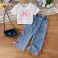 thumbnail image 2 of FAOWME Child Girls Bowknot T Shirt And Denim Sets Two Piece Casual Outfits With Double Bow Accents Clothes Sets Boho O-Neck Dailywear, 2 of 8