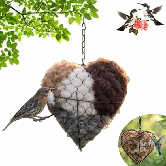Handmade Alpaca Fiber Bird Nesting Heart,Refillable Nature Wool Material House Winter Shelter,Starter Hummingbird Houses Nester with 2 Bags Nest Materials,Garden Art Birdhouse Outside Gifts(1PC)