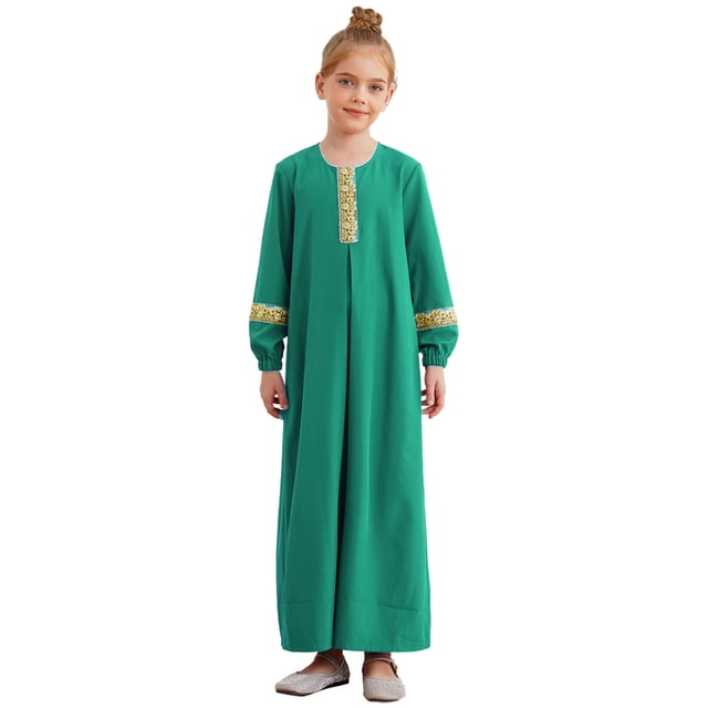 Doomiva Girls Long Sleeve Abaya Solids Color Arab Thobe Arabic Islamic Maxi Robe Muslim Loose Kaftan Clothes Green 6