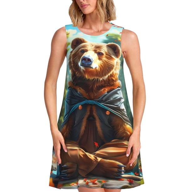 Disketp Maple Meditating Bear para Vestido sin Mangas para Mujeres, Vestidos de Verano para Mujeres, Casual y Holgado para la Playa