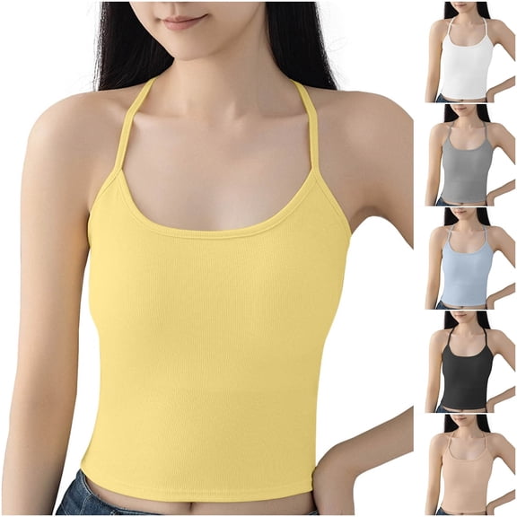 Hrsba V Neck Camisoles for Women Built In Bras Solid Color Ribbed Spaghetti Strap Padded Soft Stretchy Breathable Summer Cami