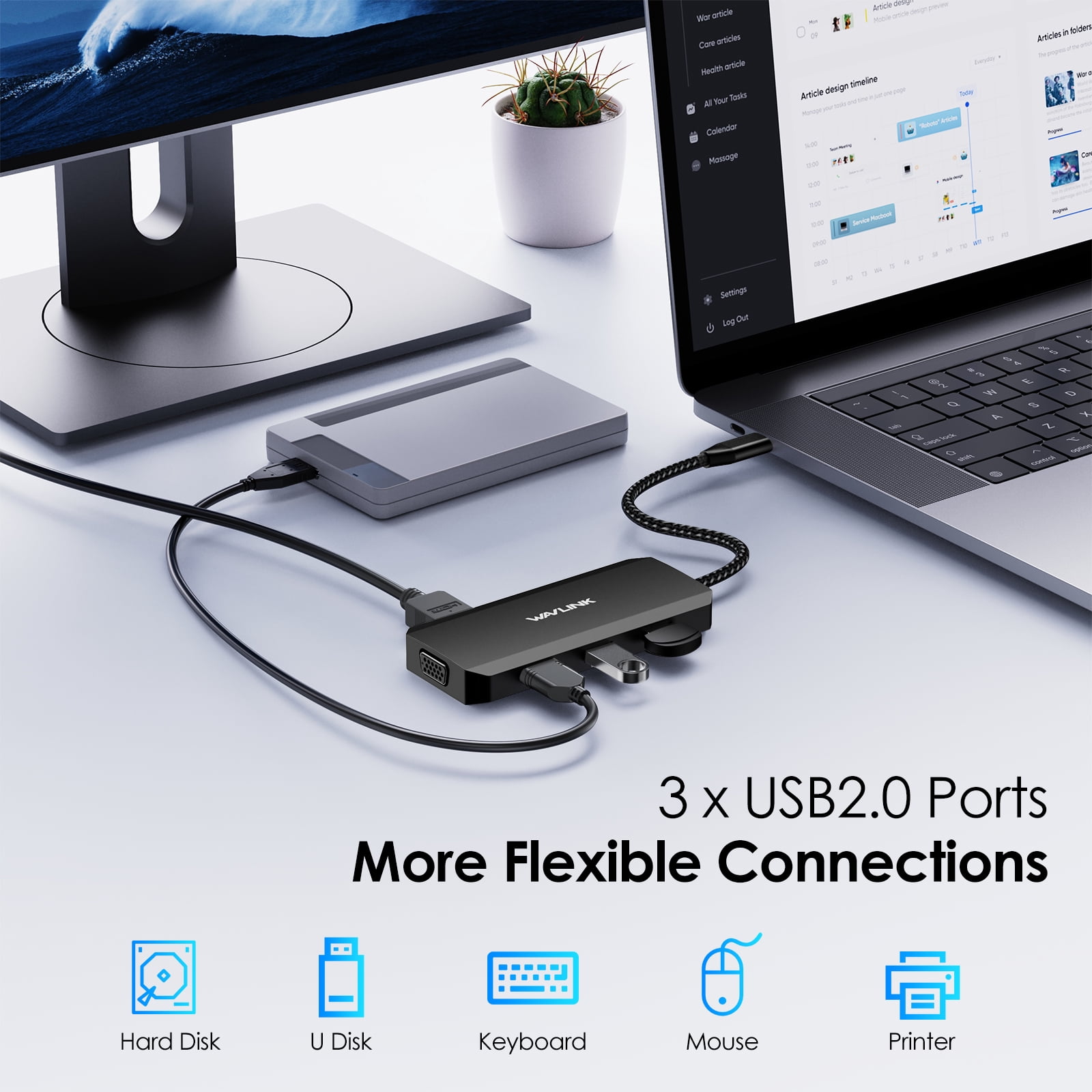 WAVLINK 7-IN-1 USB Dock Station, USB Adapter with HDMI/DP/VGA for Dell/HP/Lenovo Laptop Dock