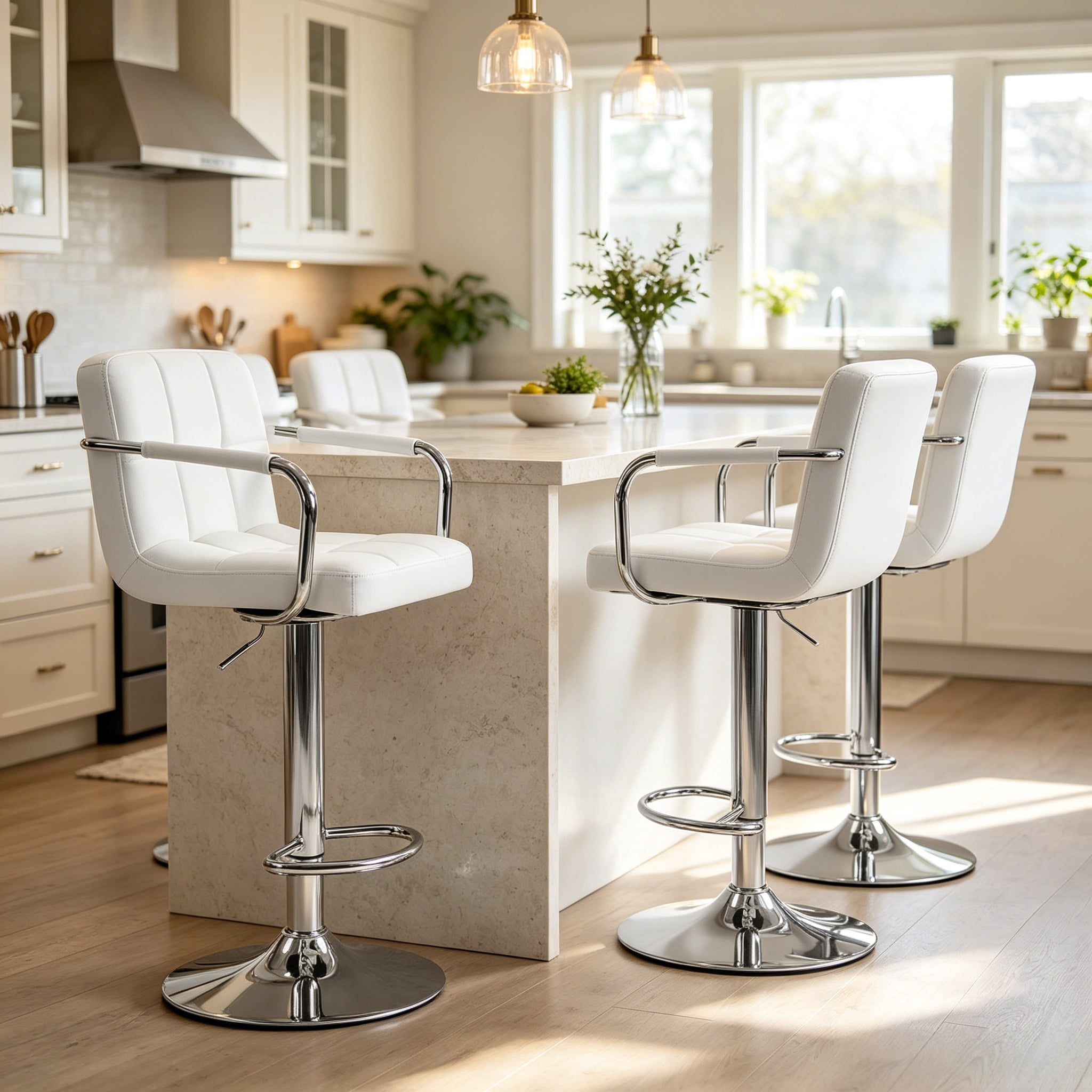 2-Piece Adjustable White Swivel Bar Stools with Padded Armrests & Backrests, PU Leather Waterproof, Height Adjustable 24.2-32.5 in
