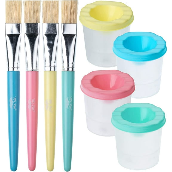 Mr. Pen- No Spill Paint Cups with Colored Lids, 4 pcs with 4 Paint Brushes, Paint Containers with Lids