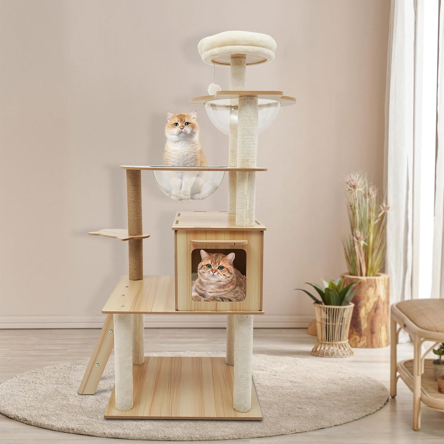 Cat Tree, 55 Inches Tall Cat Tower Condo with Plush Ball for Indoor Cats, Cat House Furniture with Clear Capsule Cat Bed, Multi-Layer Platform and Sisal Scratching Posts