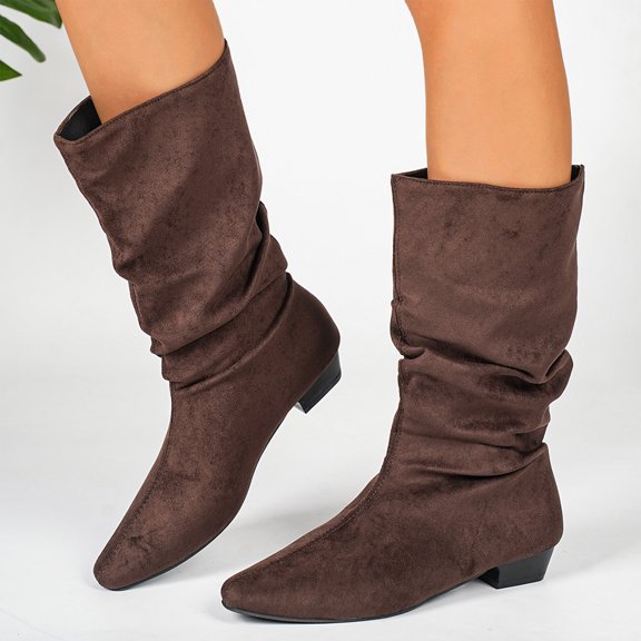 Mfakffe Boots for Women Low Block Heel Fashion Comfy Casual Pointed Toe Warm Mid Calf Boots Non Slip Versatile Fit Outdoor Dress Shoes for Winter